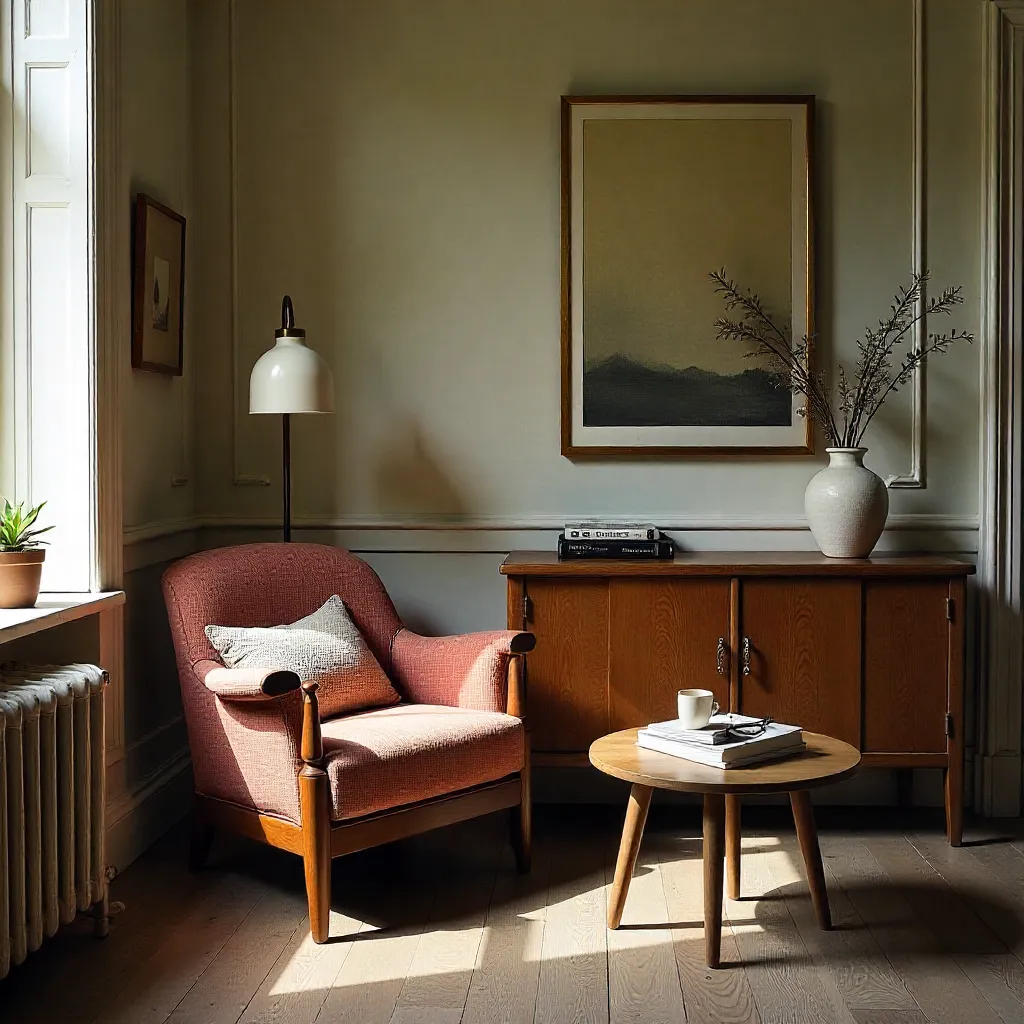 1960s Finnish stool next to modern sofa in contemporary space